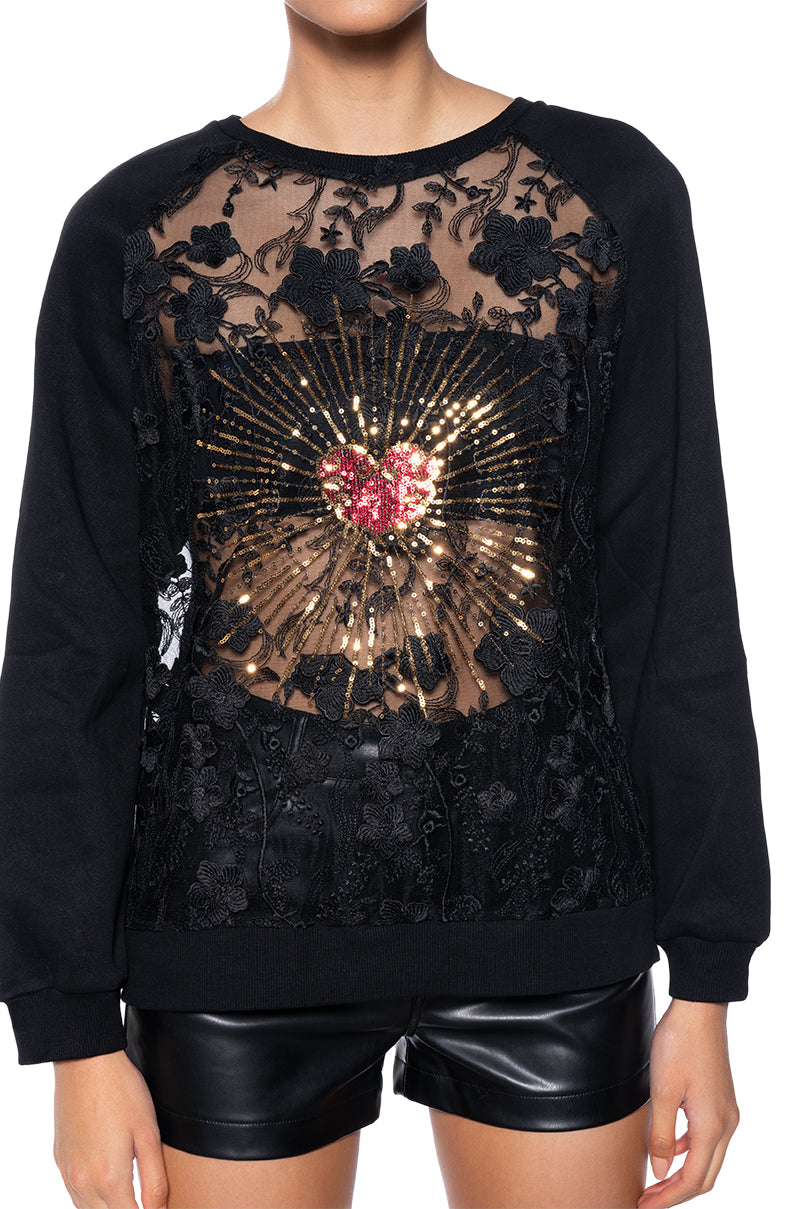 QUEEN OF HEARTS LACE DETAIL PULL OVER SWEATSHIRT