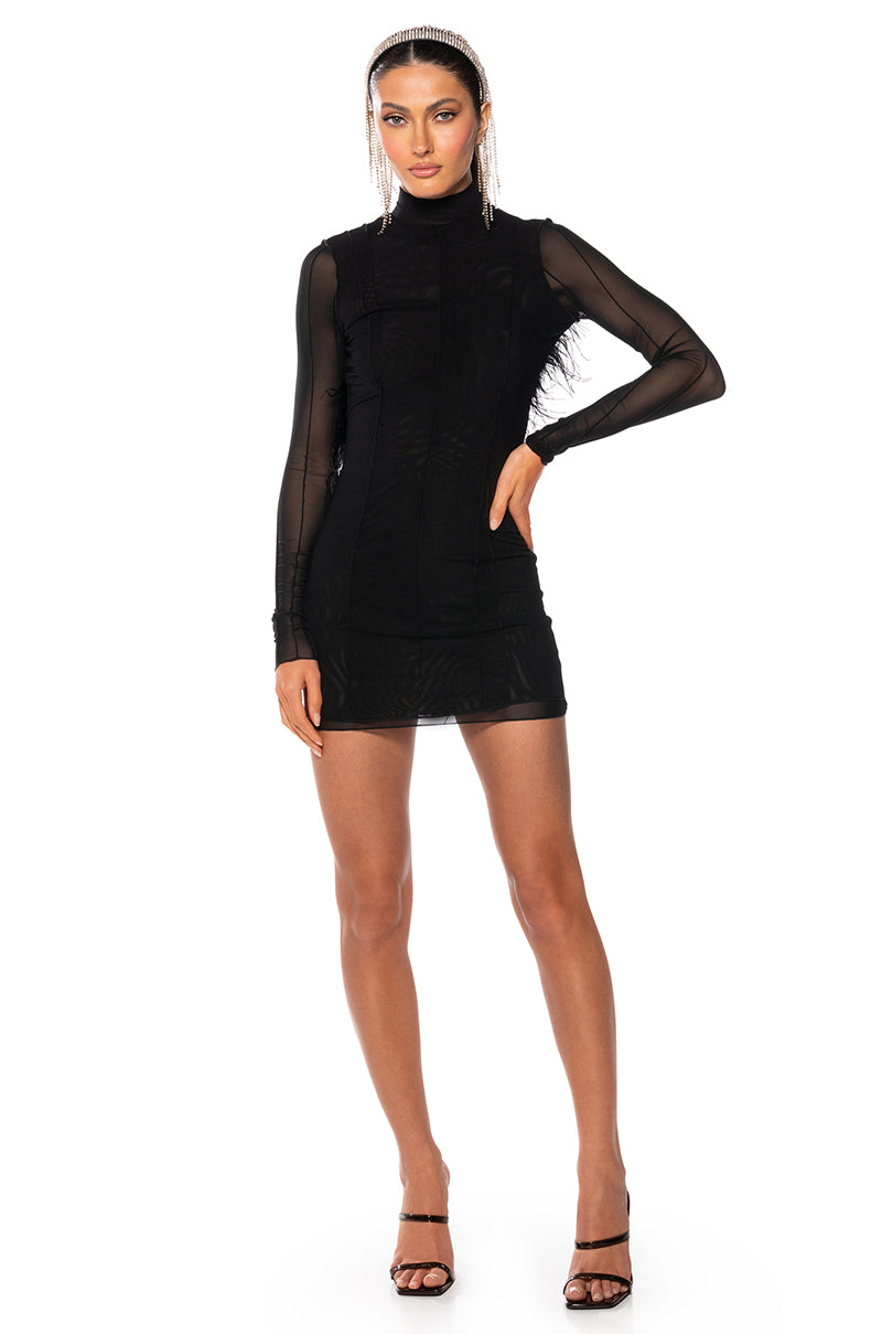 ROSALIE OPEN BACK FUR TRIM MESH MINI DRESS