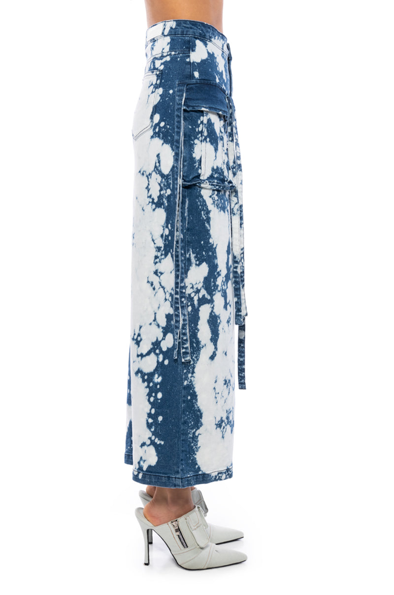 HEY NOW ACID WASH CARGO DENIM MAXI SKIRT