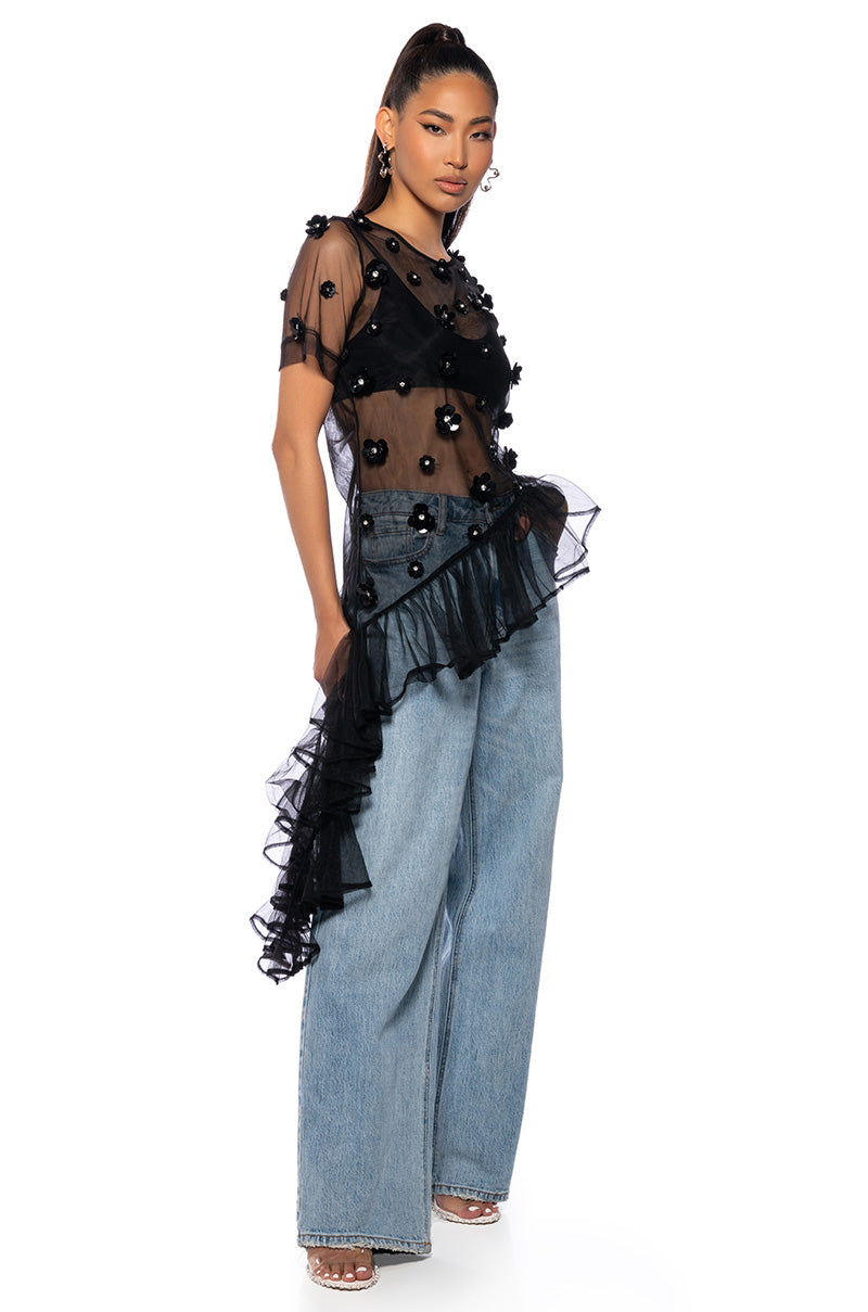 TOO GLAM EMBELLISHED ASYMMETRICAL TULLE TOP