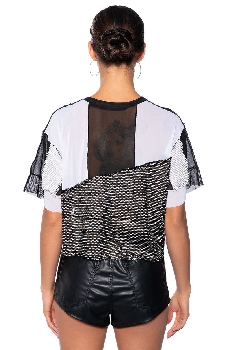 WHAT YOU WORKING WITH CROPPED RHINESTONE MESH TEE