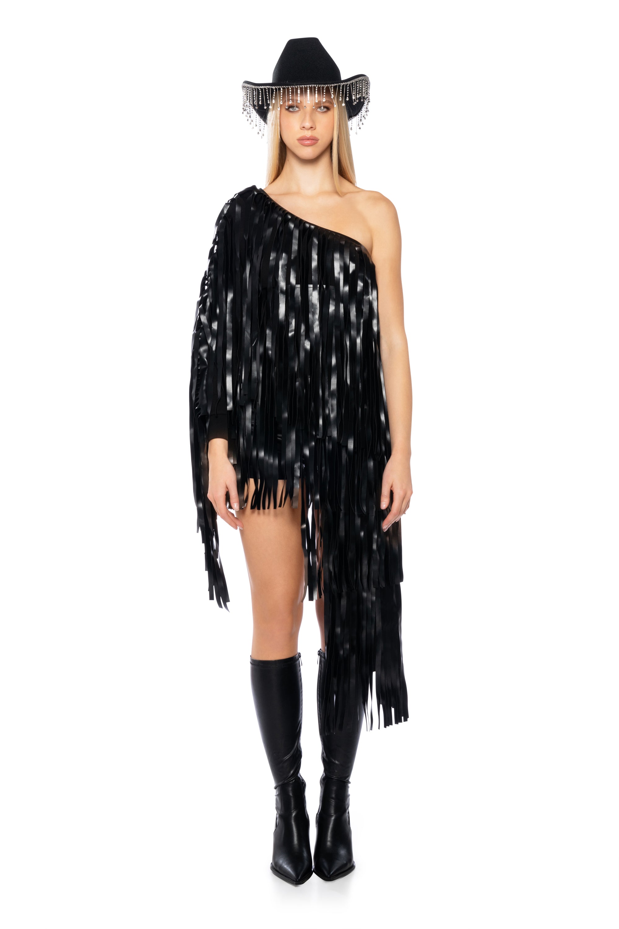 DESTINY PU FRINGE ONE SHOULDER TOP