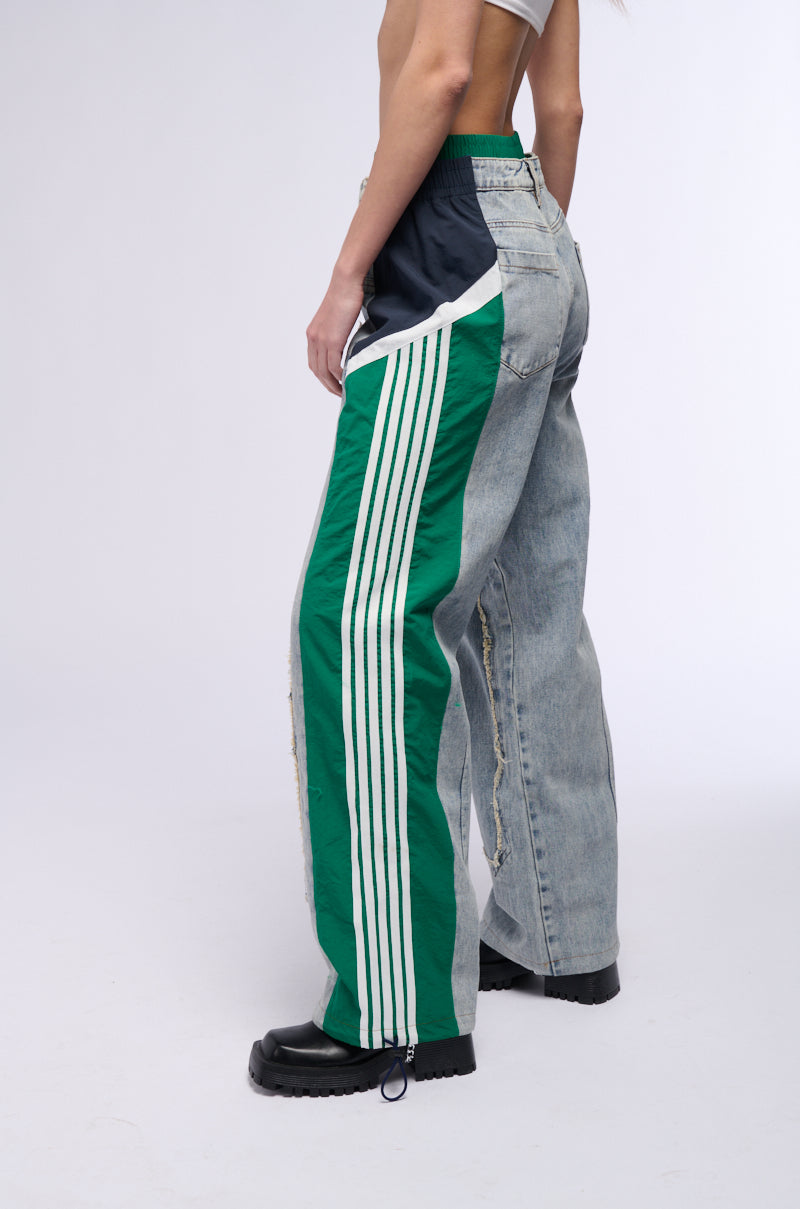 ALL AROUND THE WORLD PATCHWORK DENIM JOGGER PANT IN GREEN MULTI