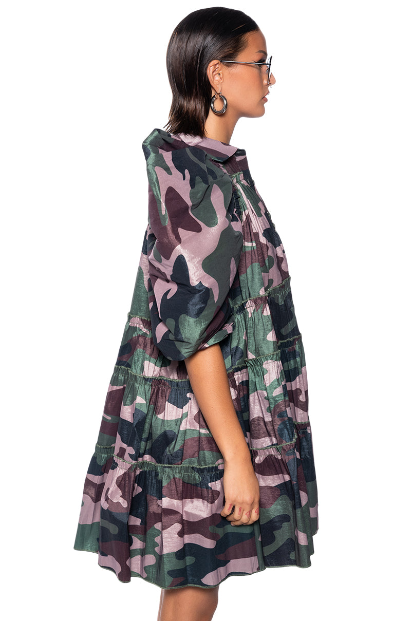 RUFFLE SLEEVE CAMO PRINT TRAPEZE MINI DRESS