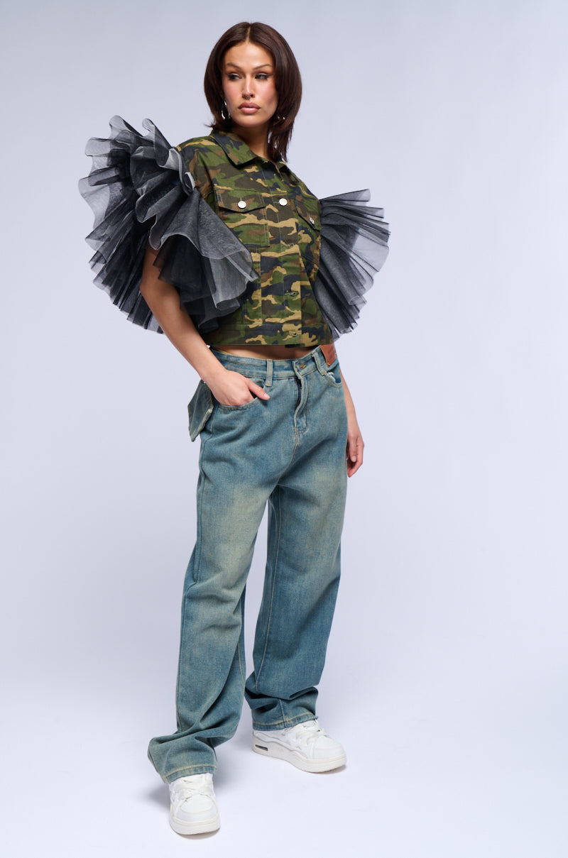 BEBE LUX TULLE SHOULDER CAMO VEST