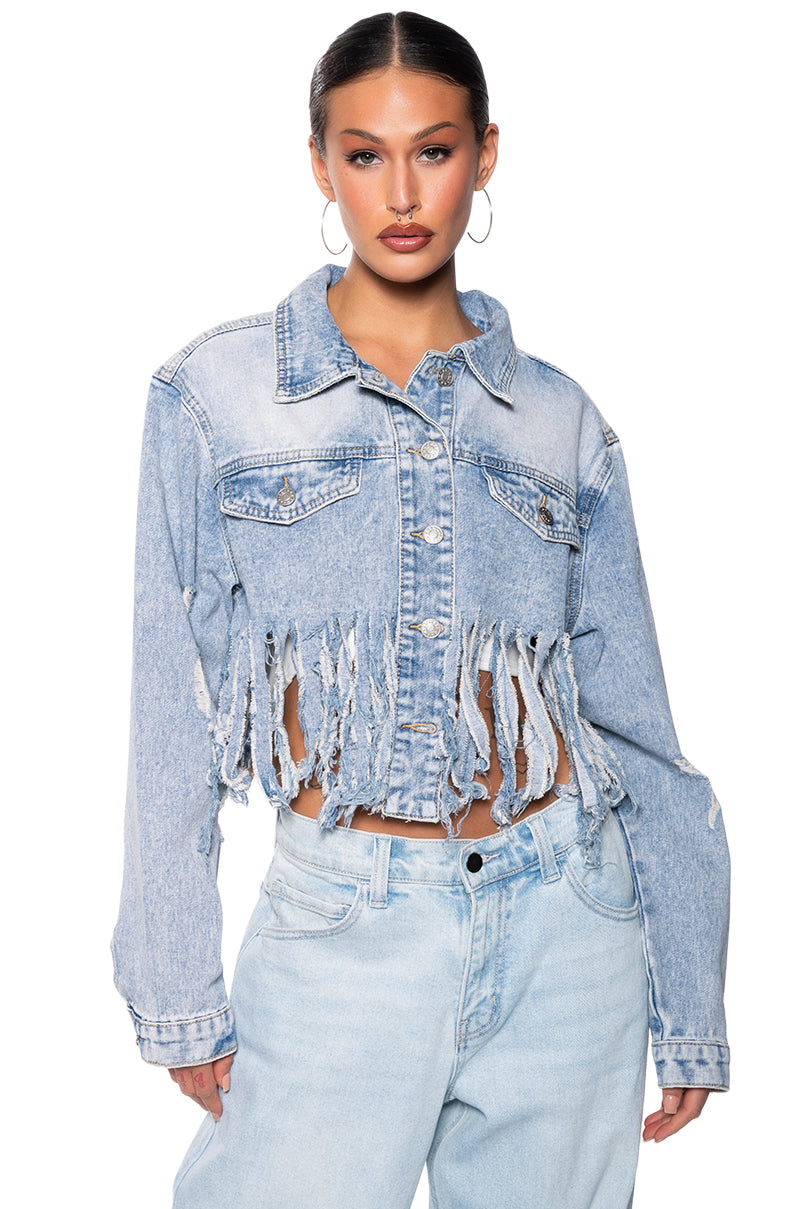 SHREDDED FRINGE CROPPED DENIM JACKET