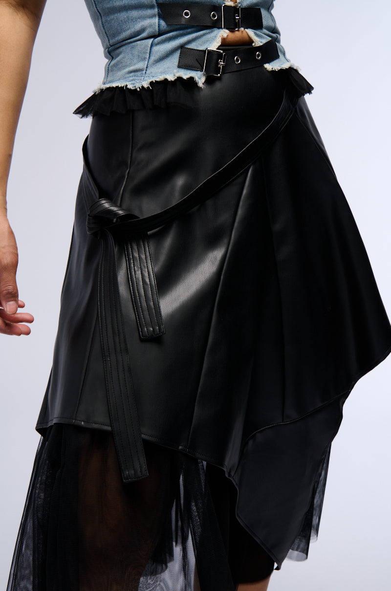 LYRA ASYMMETRICAL FAUX LEATHER MIDI SKIRT