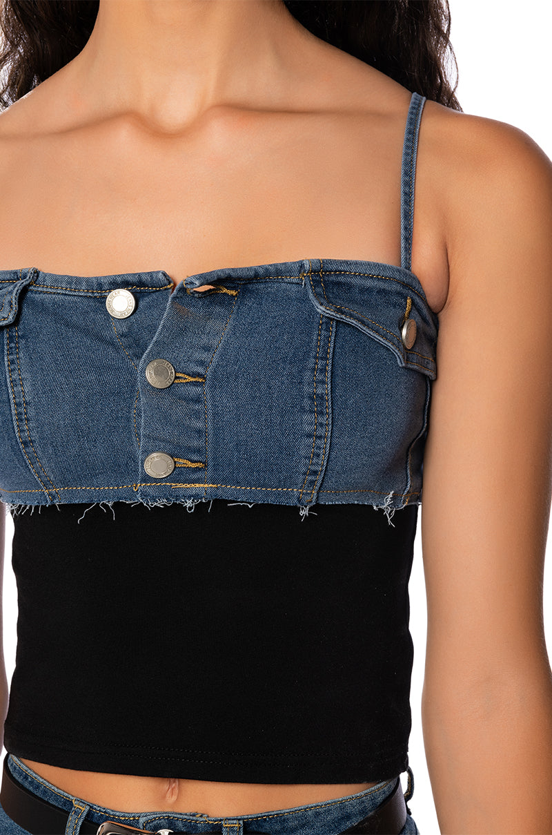 HOLLYWOOD DREAMS DENIM AND COTTON TUBE TOP