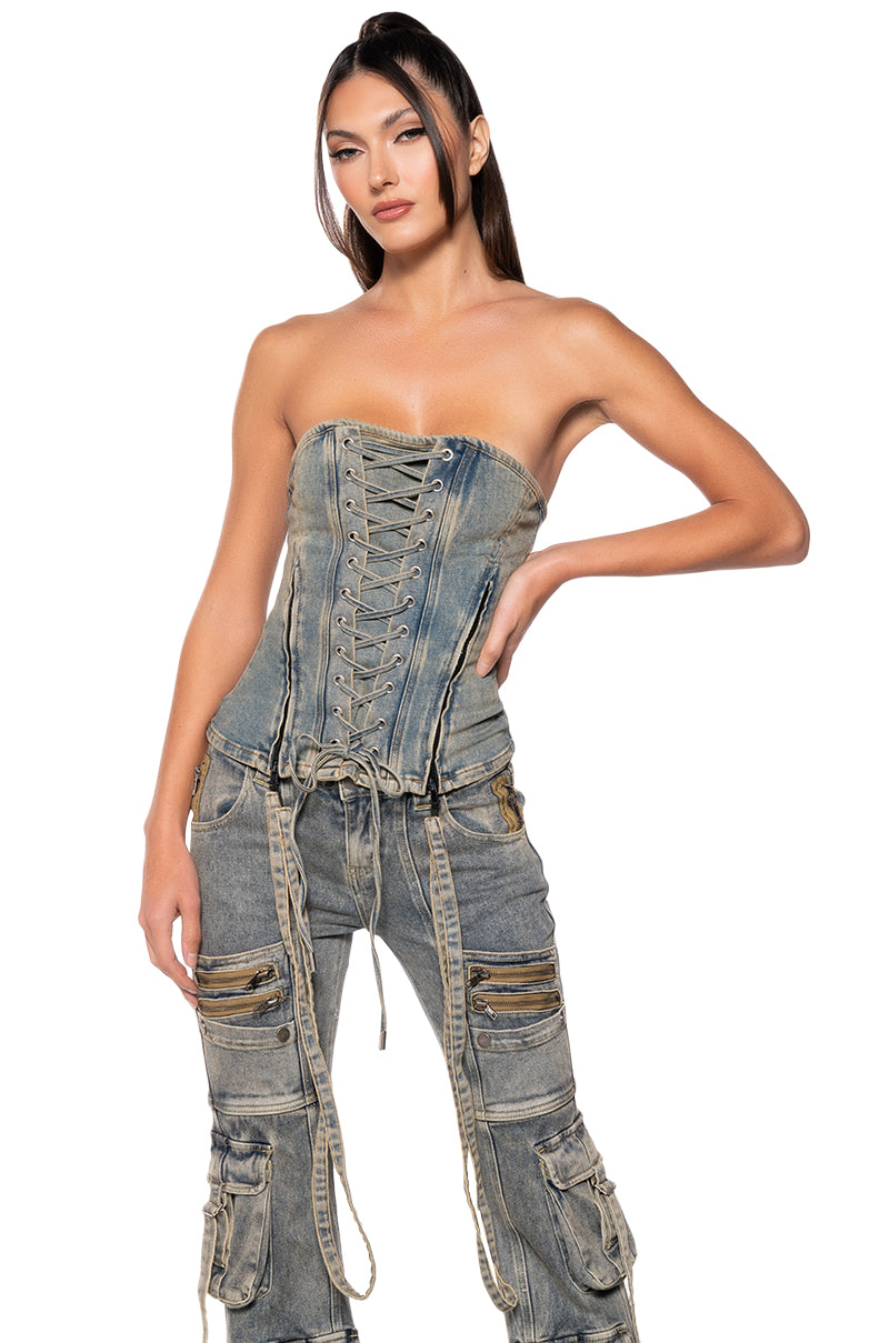 CALIFORNIA GIRL LACE UP DENIM CORSET TOP