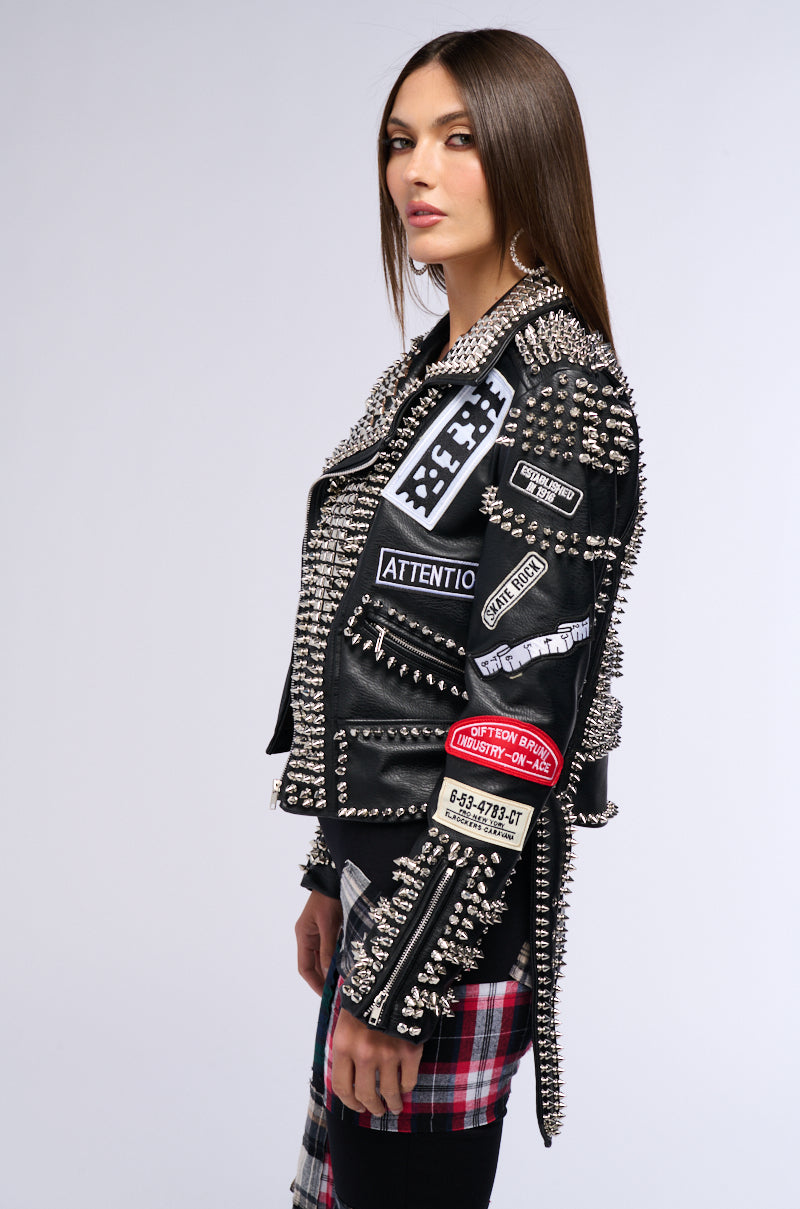 PUNK ROCK STUDDED PATCHWORK MOTO JACKET