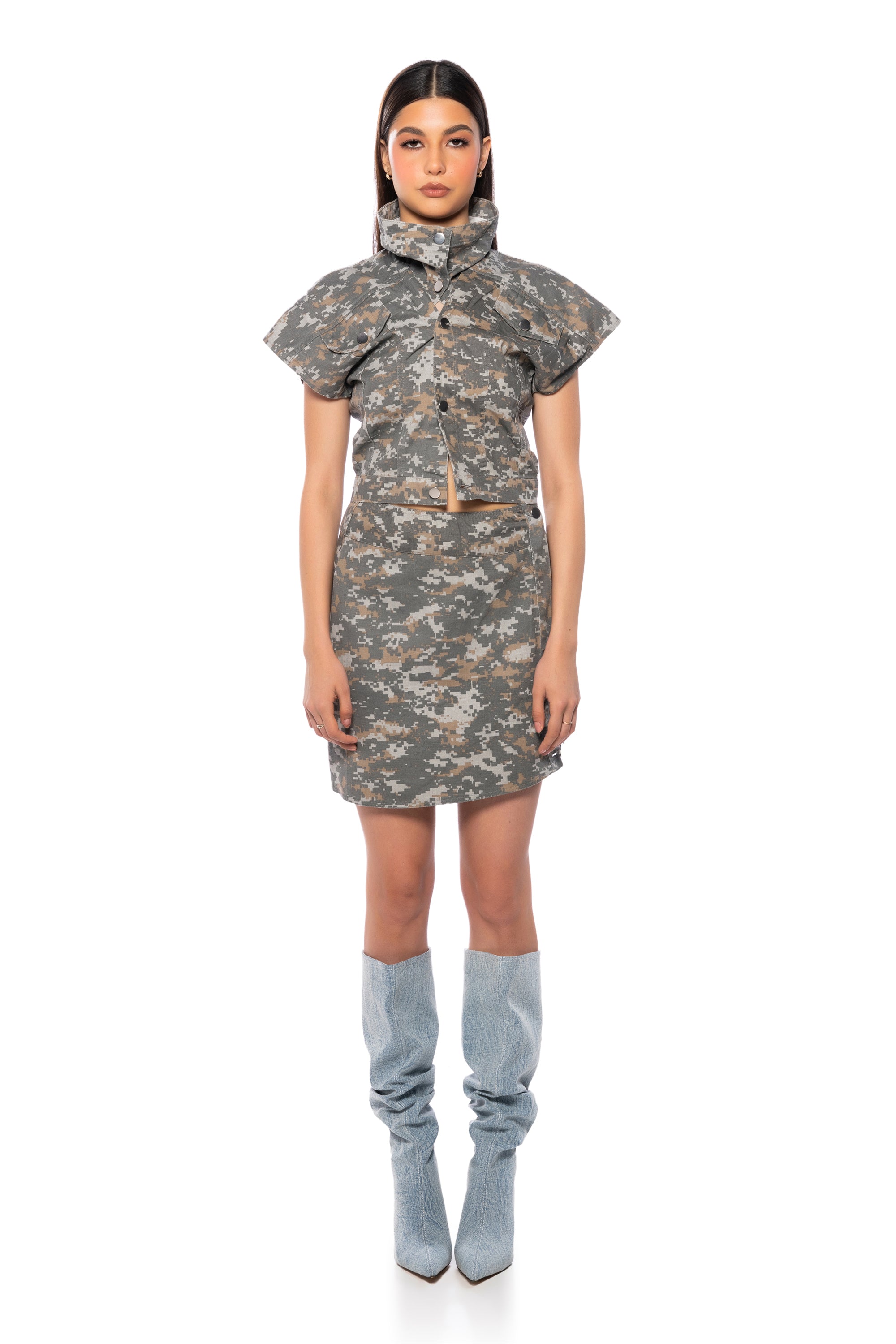 WE RIDE CAMO BUTTON DOWN AND MINI SKIRT SET IN GREY