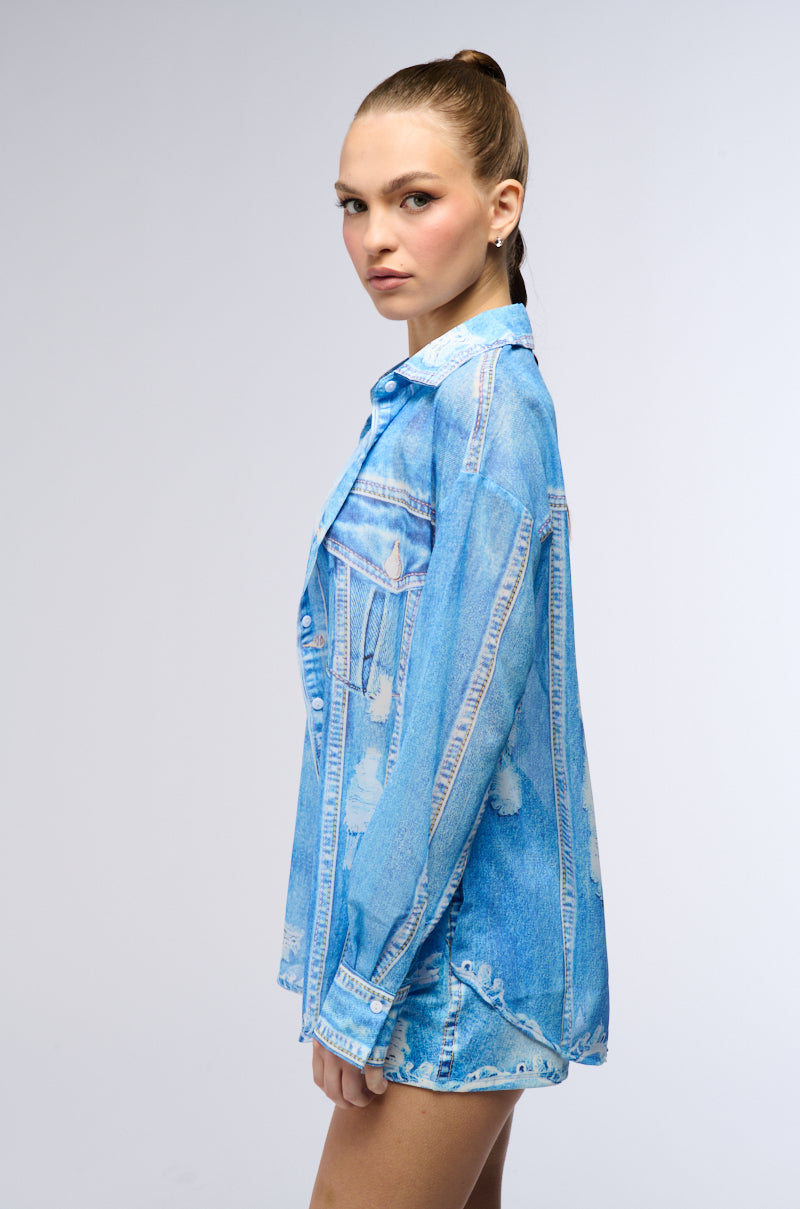 PRINTED DENIM LONG SLEEVE BUTTON DOWN SHIRT