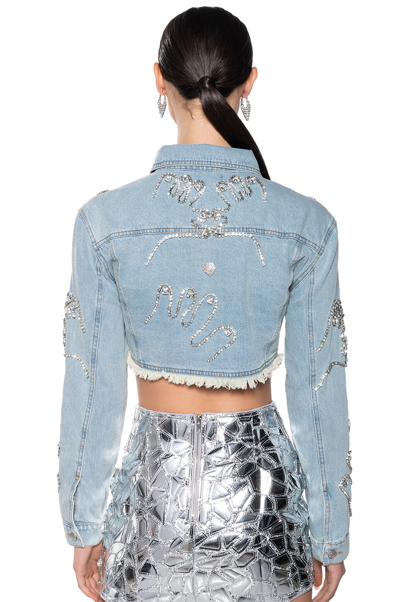 LOVE YOU SAY IT BACK CROP DENIM JACKET