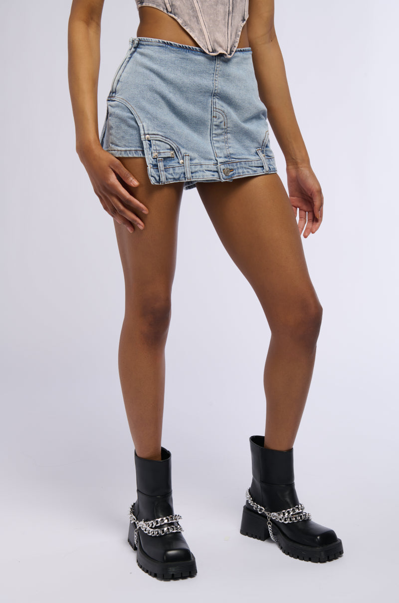 ITS THE REMIX ASYMMETRICAL DENIM MINI SKORT