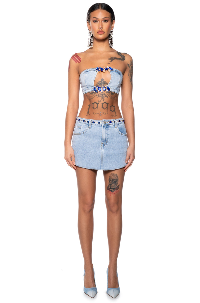 BLINGED OUT DENIM RAW HEM MINI SKIRT