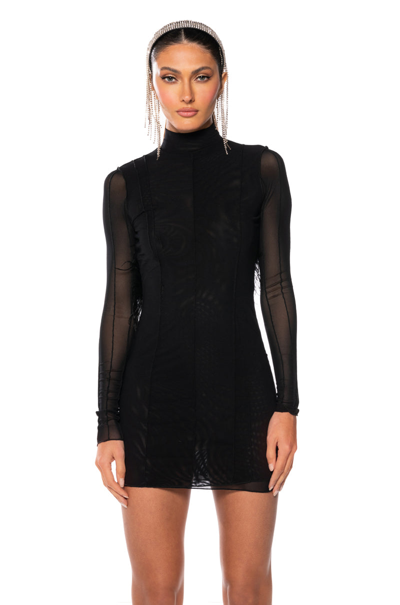 ROSALIE OPEN BACK FUR TRIM MESH MINI DRESS