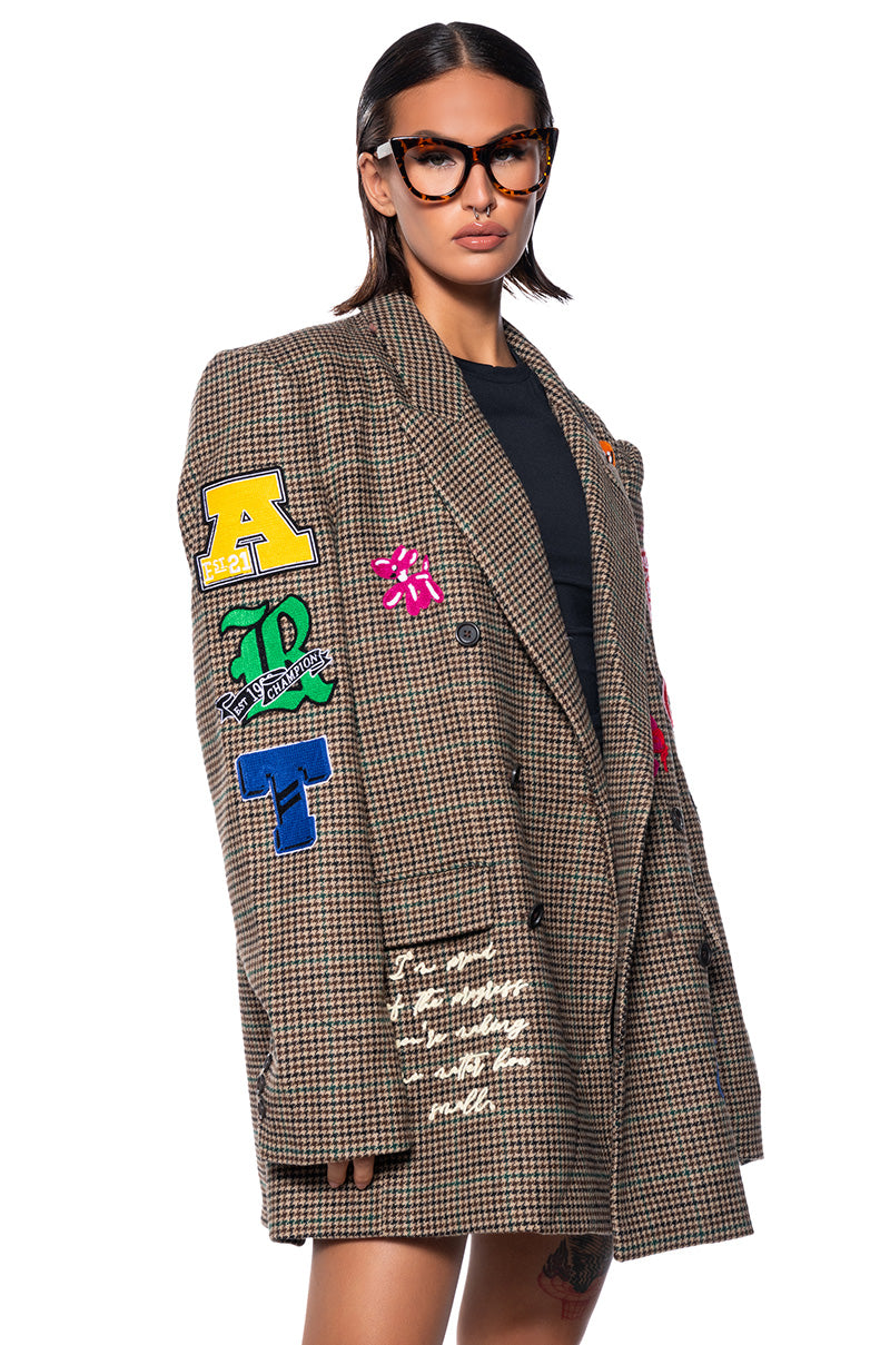 FIRST ROW CASUAL WOOL PLAID BLAZER WITH PATCHES