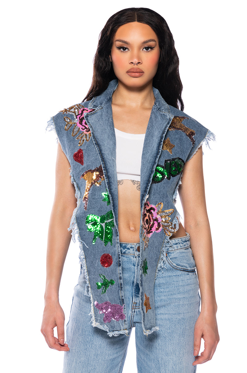 DENIM PATCHWORK SEQUIN VEST