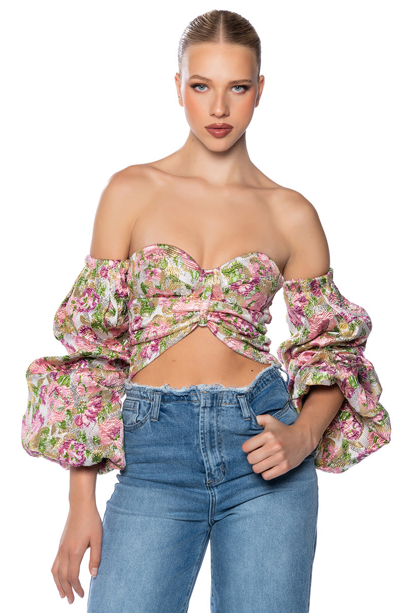 THE CROWN JEWEL CROPPED BROCADE SLEEVE BLOUSE