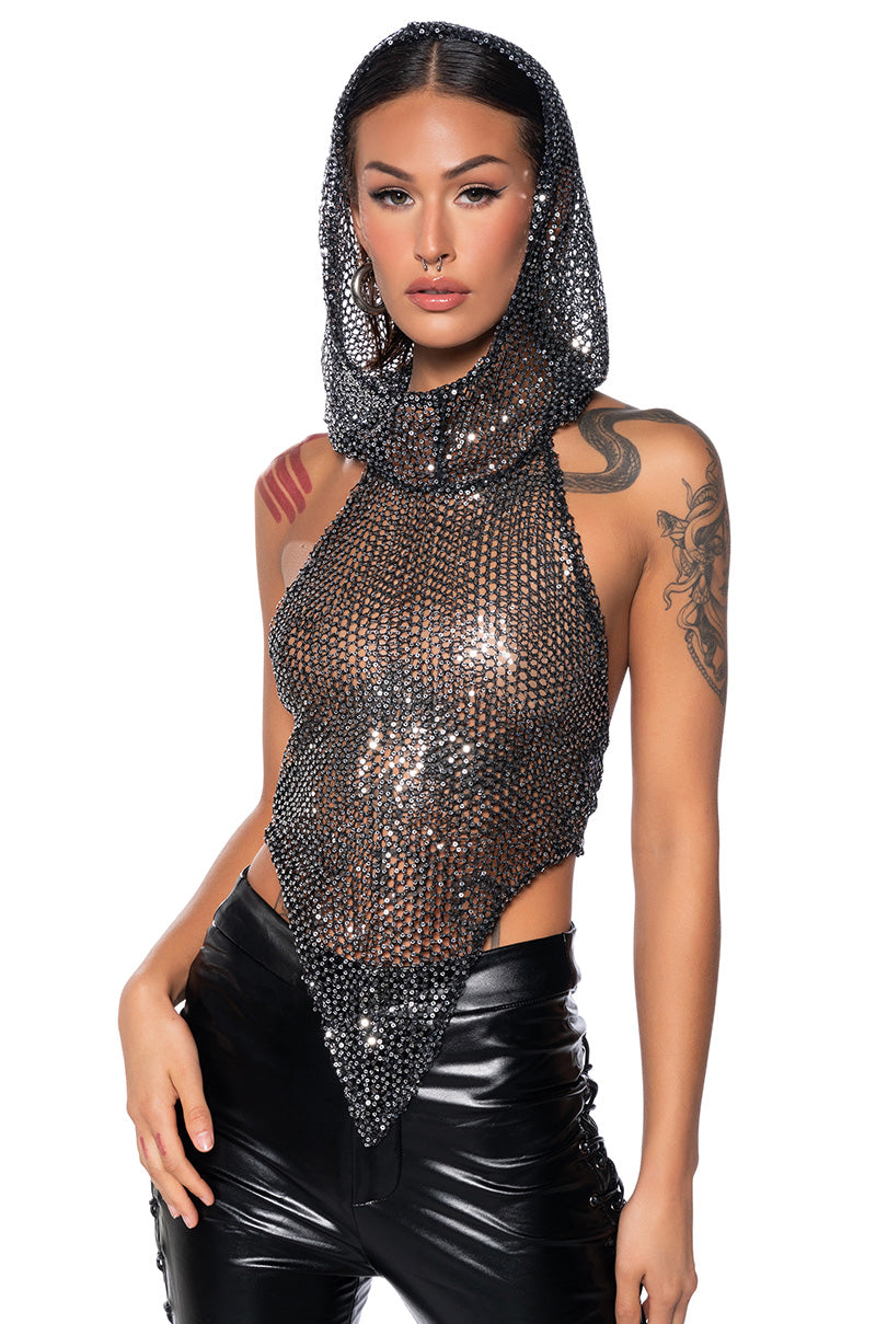 MYSTERY GIRL SLEEVELESS SEQUIN HOODED TOP