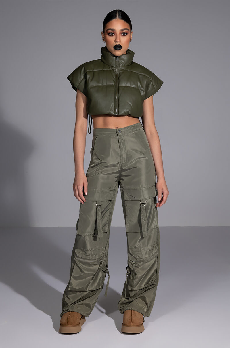 ULTRA CROP PU VEST WITH PULL STRINGS IN OLIVE