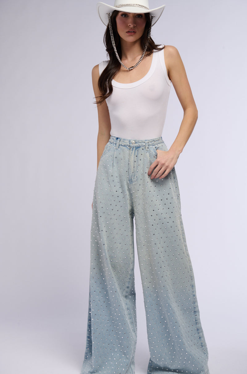 DAZZLED RHINESTONE STUDDED EXTRA LONG DENIM PANTS