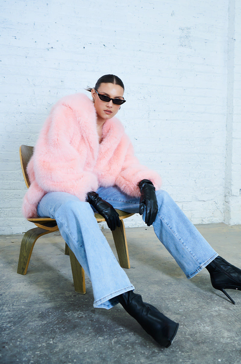 LANA HOODED FAUX FUR COAT IN PINK