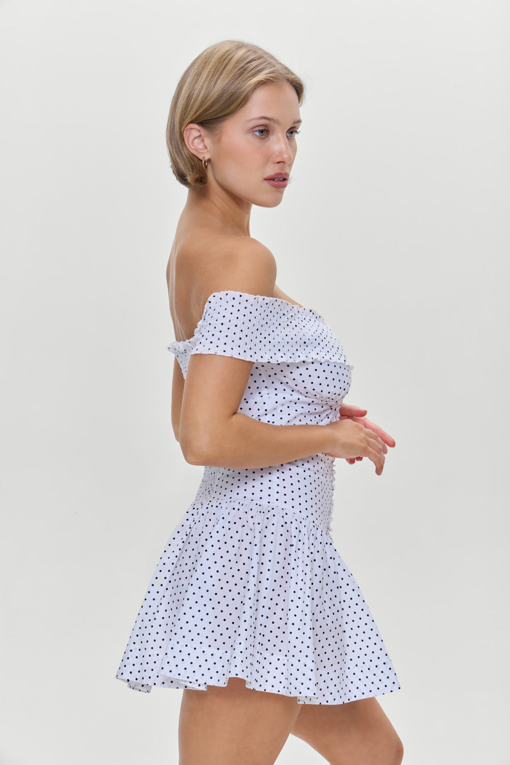 Mae Off Shoulder Mini Dress - White Polka Dot