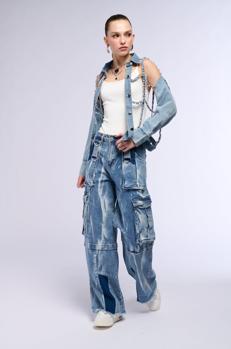 CAGED DENIM AND EXPOSED BODICE JACKET