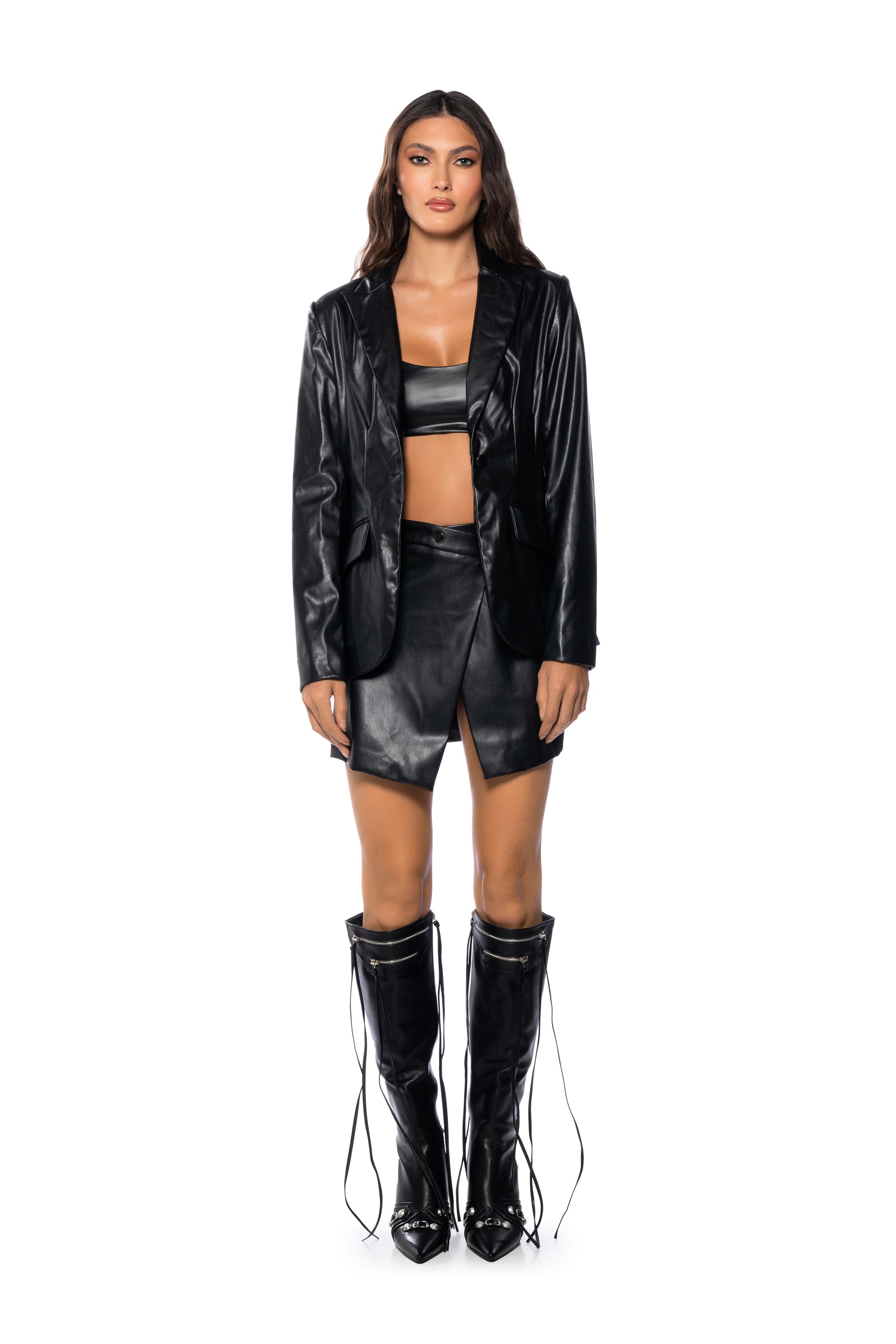 CAN'T BE TAMED FAUX LEATHER BLAZER