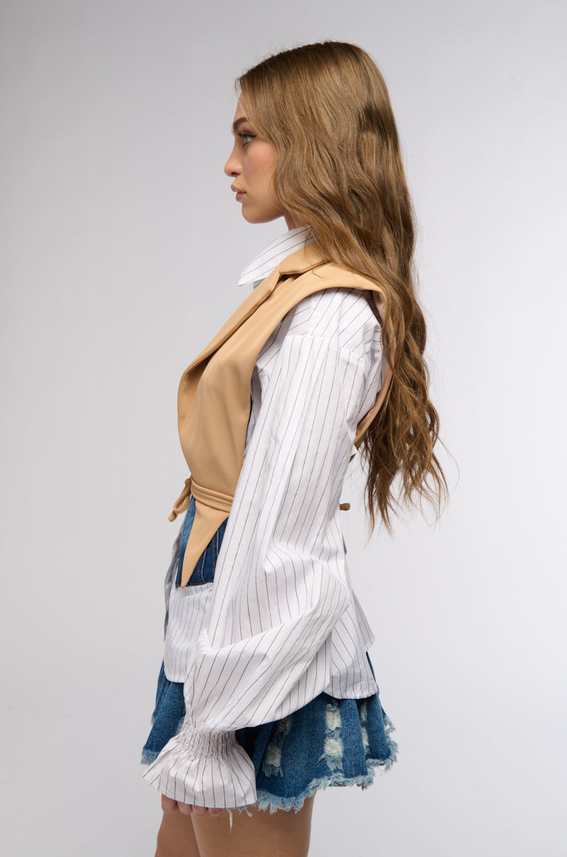 WORKING WOMAN SIDE TIE BLAZER VEST IN TAN