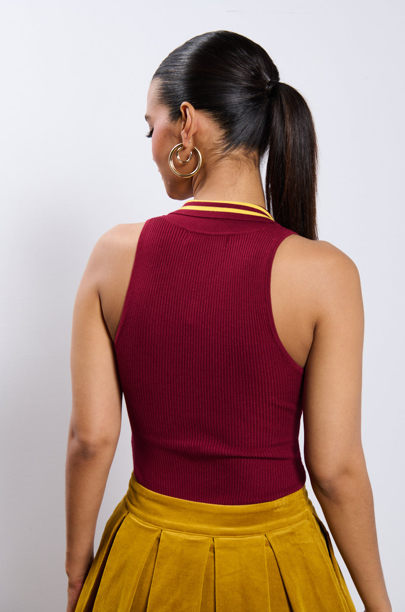 ALWAYS LUCKY RIBBED SLEEVELESS BODYSUIT IN BURGUNDY