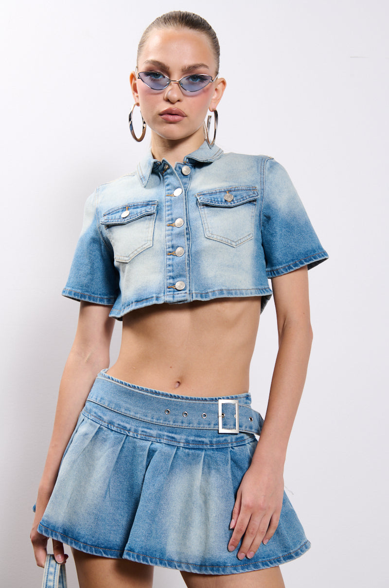 WISH U THE BEST CROP DENIM BLOUSE