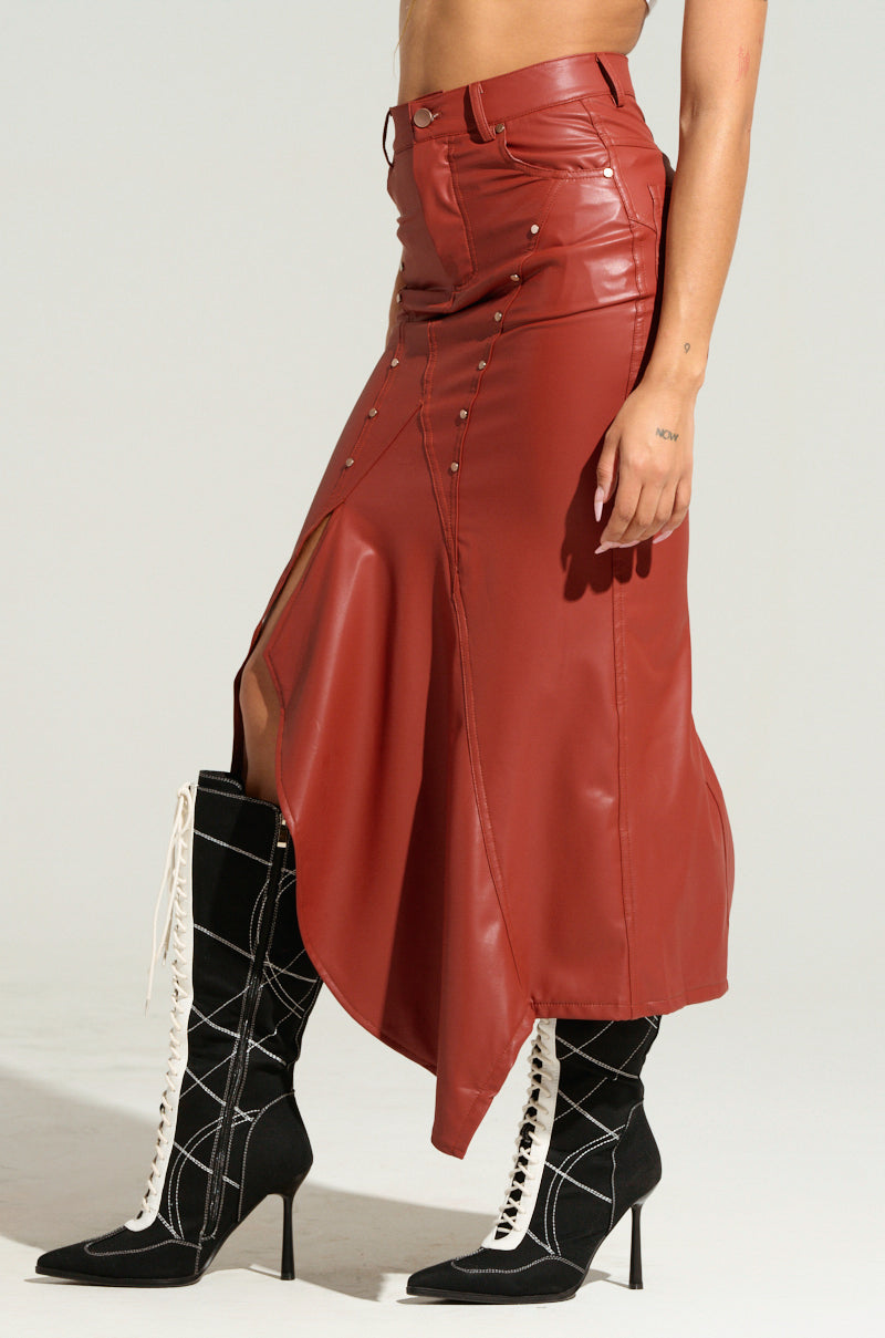 BITE ME ASYMMETRICAL FAUX LEATHER MIDI SKIRT IN BROWN