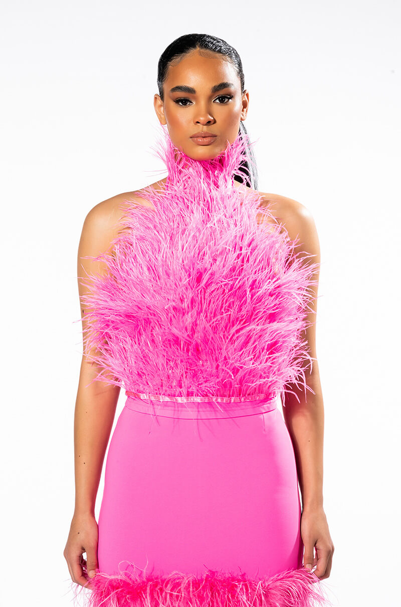 GENUINE OSTRICH FEATHER SLEEVELESS CROPPED HALTER BLOUSE