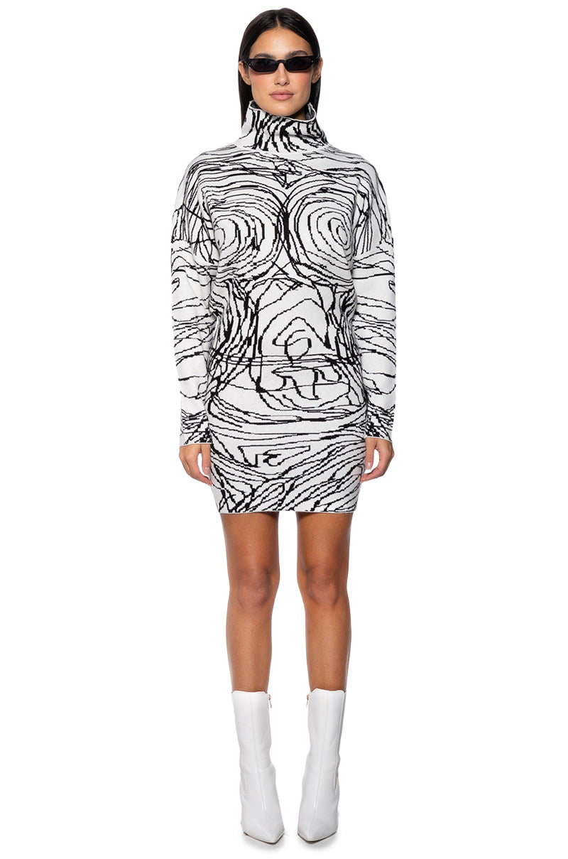 BODY WORK ABSTRACT LONG SLEEVE KNIT MINI DRESS