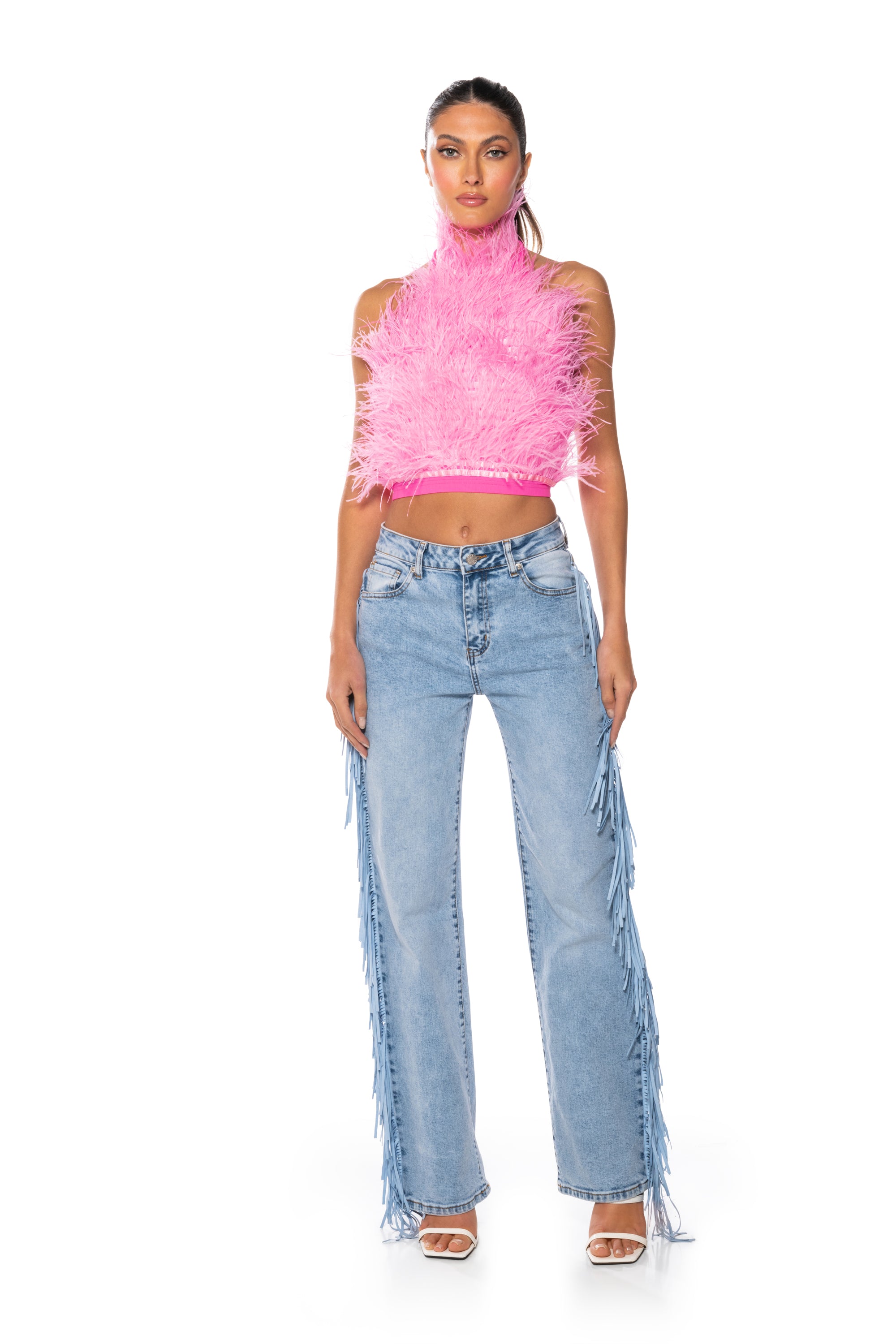 GENUINE OSTRICH FEATHER SLEEVELESS CROPPED HALTER BLOUSE