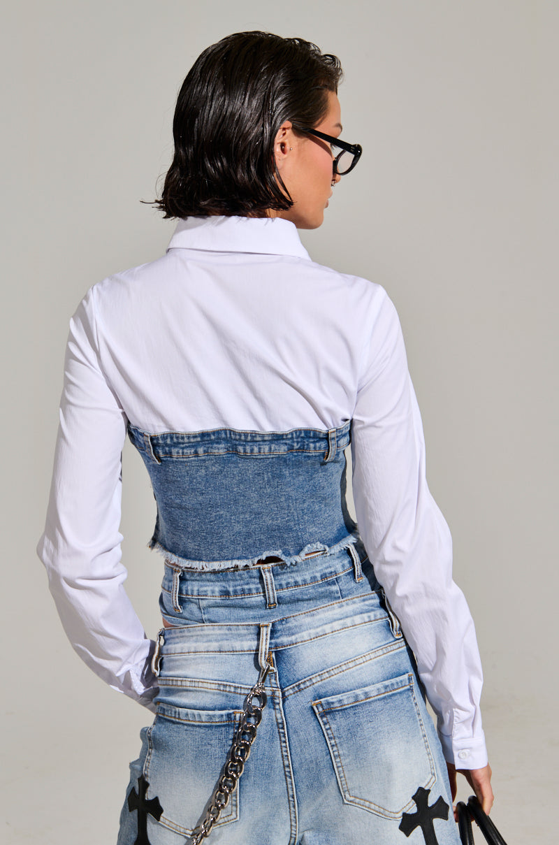 SITTING PRETTY POPLIN & DENIM LONG SLEEVE TOP