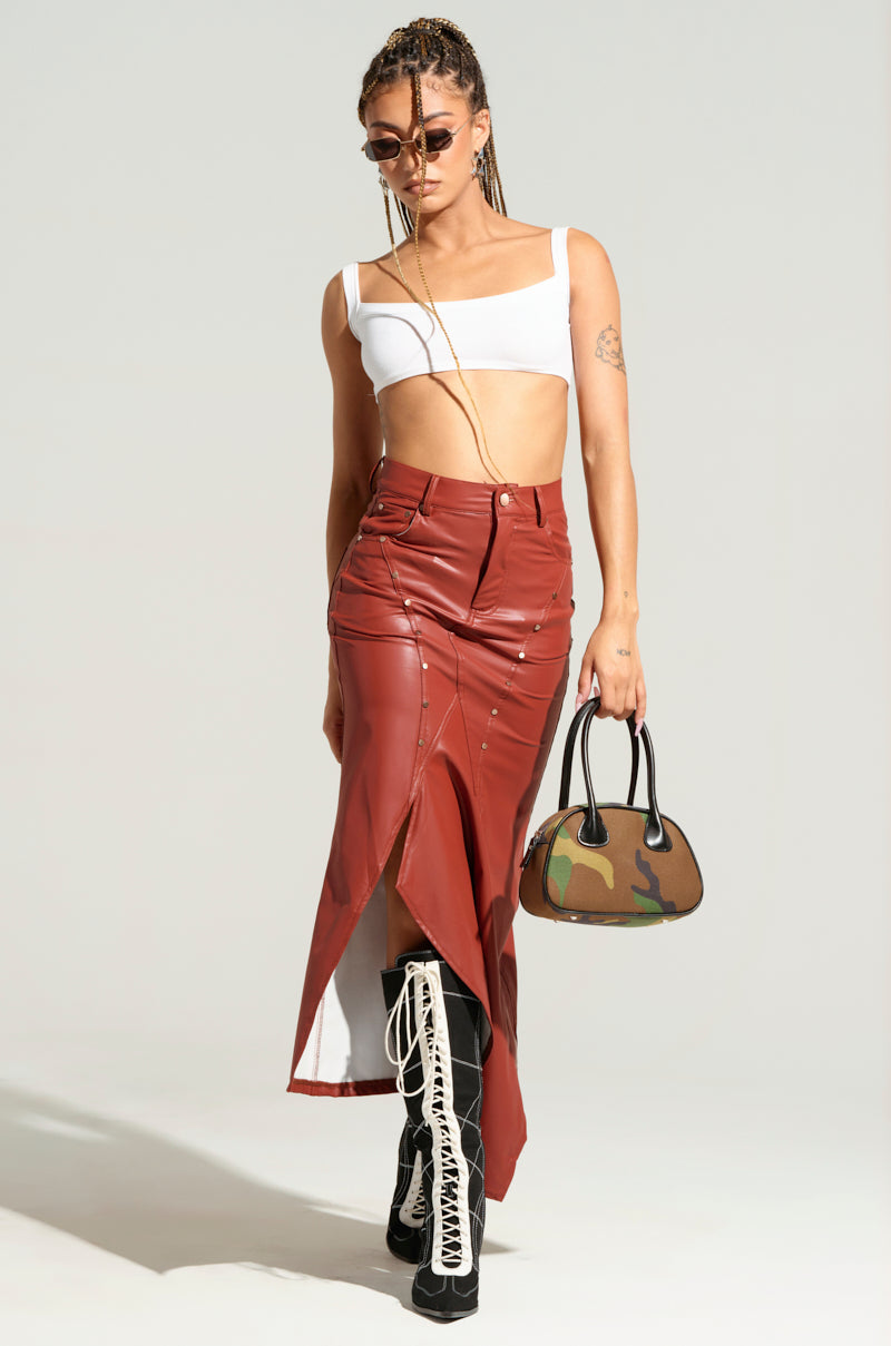 BITE ME ASYMMETRICAL FAUX LEATHER MIDI SKIRT IN BROWN