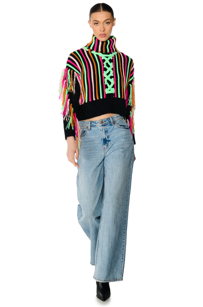 CHECK IT OUT LONG SLEEVE VIBRANT FRINGE DETAIL SWEATER