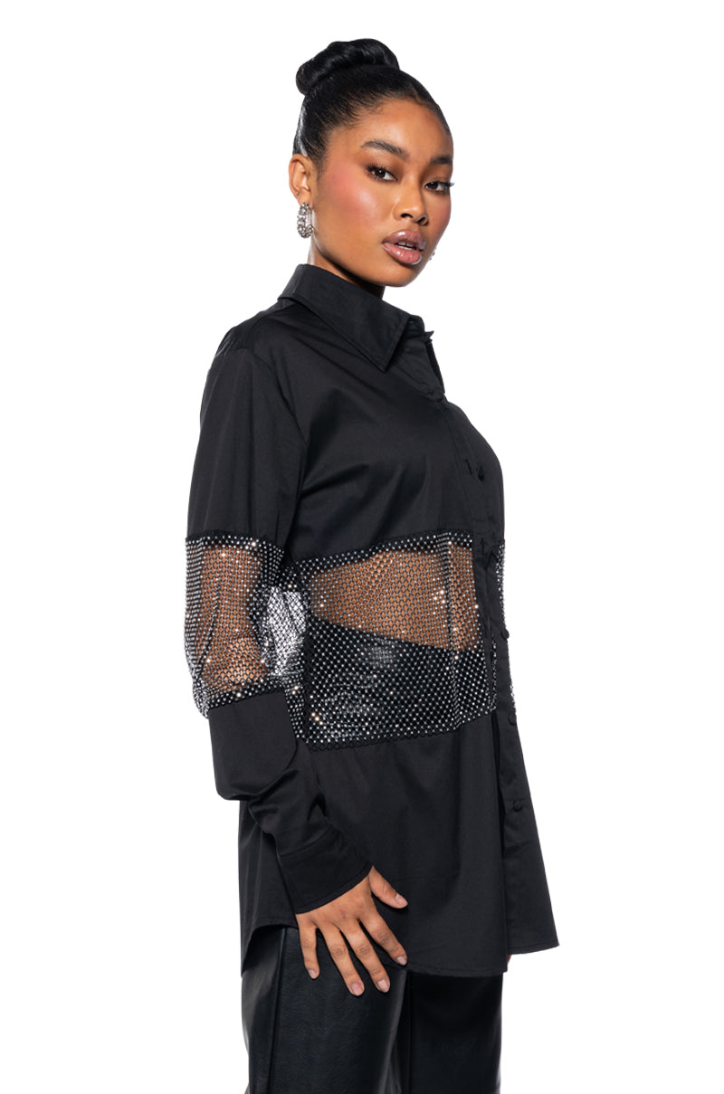 JOSIE RHINESTONE MESH POPLIN BUTTON DOWN