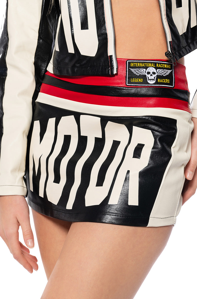 SPEED UP MOTOR FAUX LEATHER COLORBLOCK MINI SKIRT