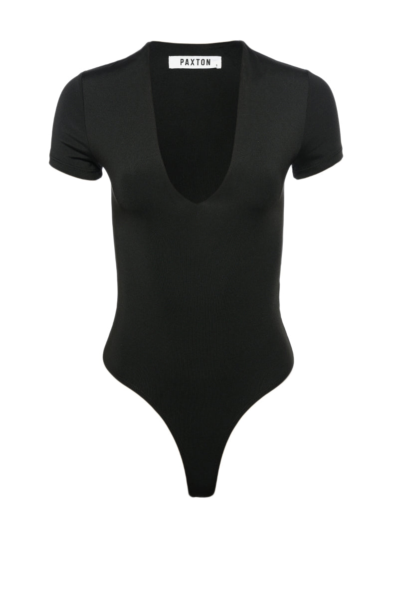 PAXTON BROOKE DEEP V SHORT SLEEVE BODYSUIT IN BLACK