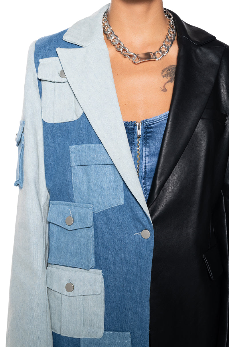 DO WHAT YOU DO HALF DENIM HALF PU BLAZER