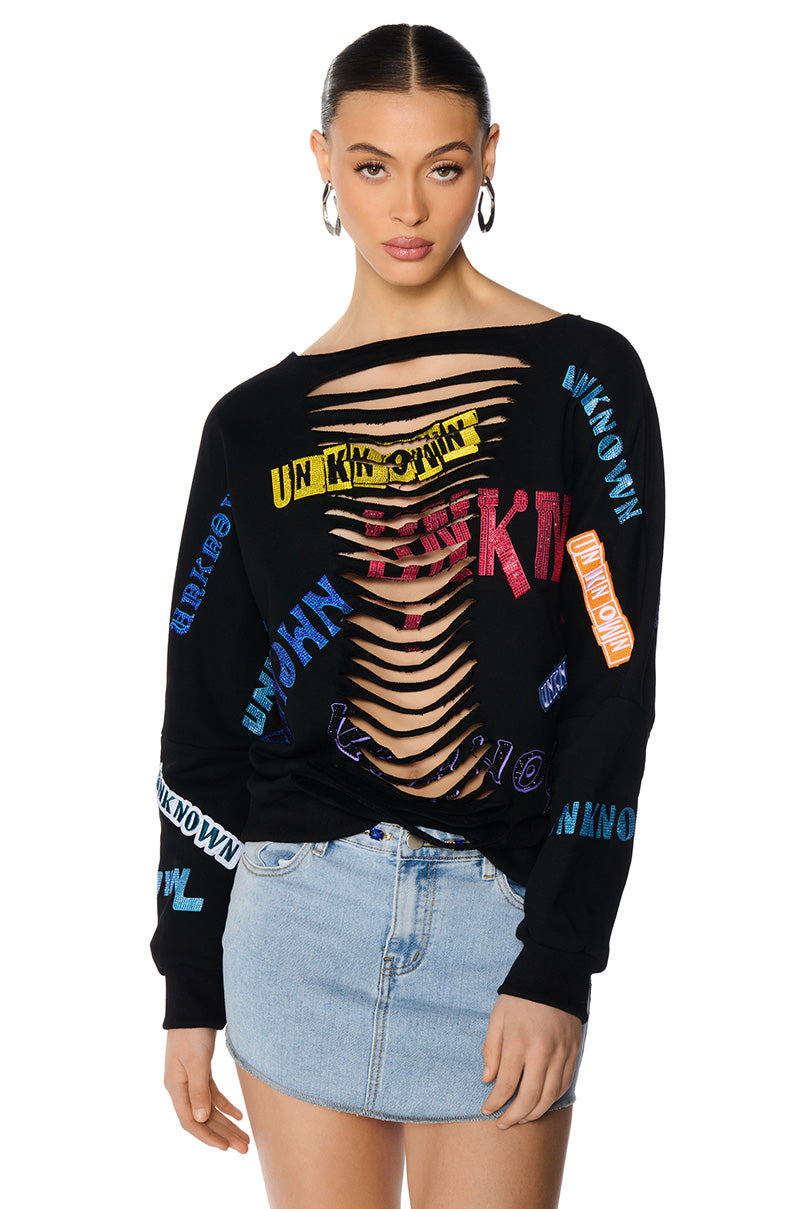 UNKNOWN VIBES DISTRESSED RHINESTONE EMBELLISHED SWEATSHIRT