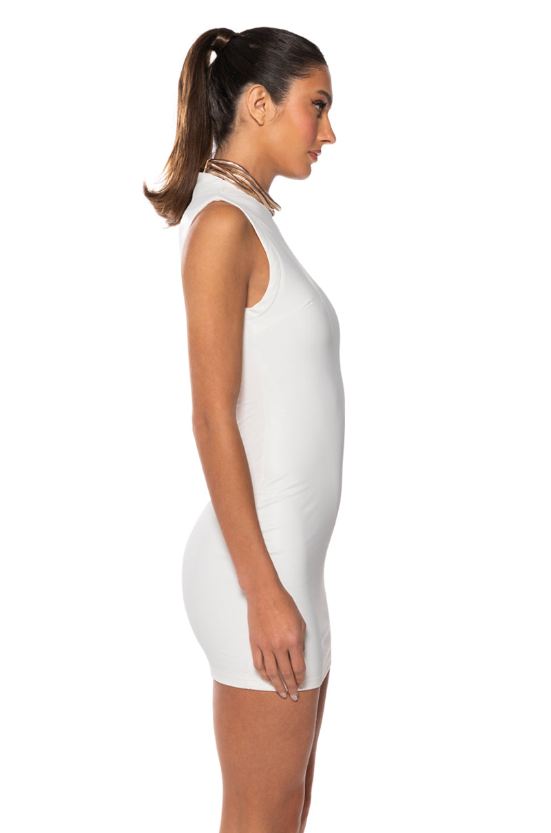 ULTRA LUXE FAUX LEATHER MOCK NECK MINI DRESS IN WHITE