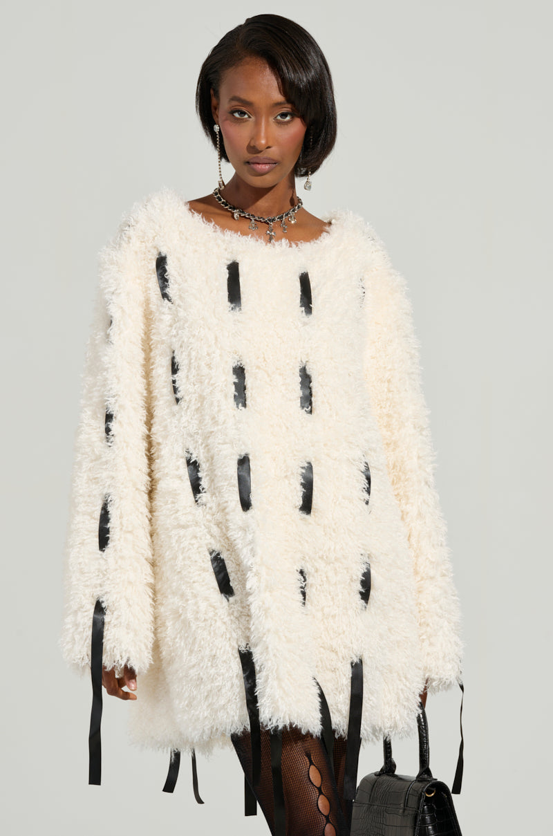 SULLY WOVEN RIBBON FAUX FUR MINI DRESS