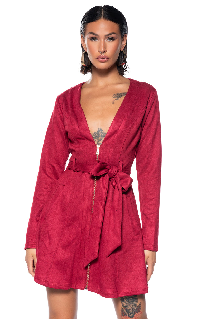 COVET FAUX SUEDE TRENCH MINI DRESS IN RED