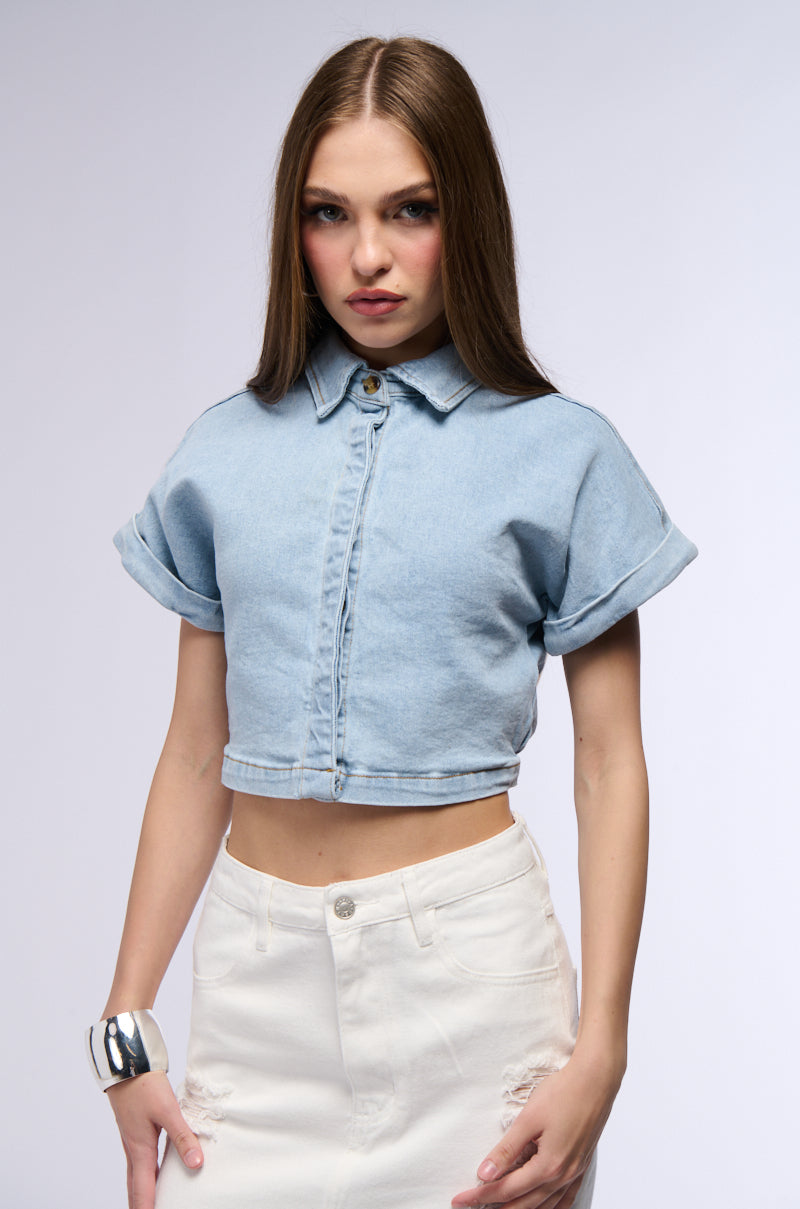 NOT IN THE MOOD CROPPED DENIM SHIRT