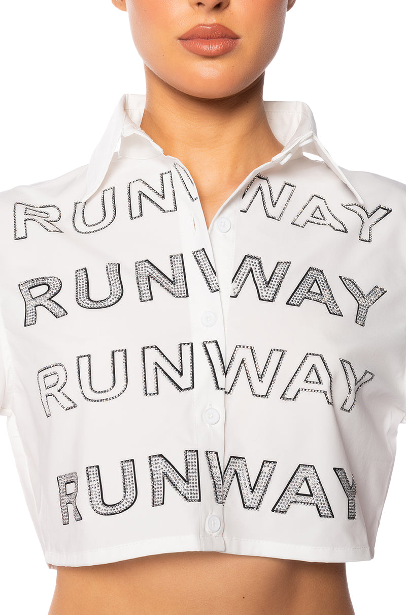 WALK THE WALK RHINESTONE CROPPED SHIRT